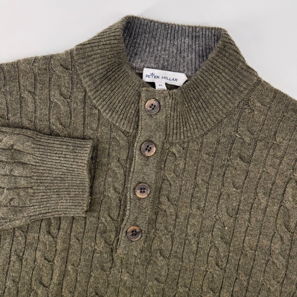 Peter Millar Sweater Mens XL Olive Green Cable Knit Wool Yak Cashmere Mock Neck